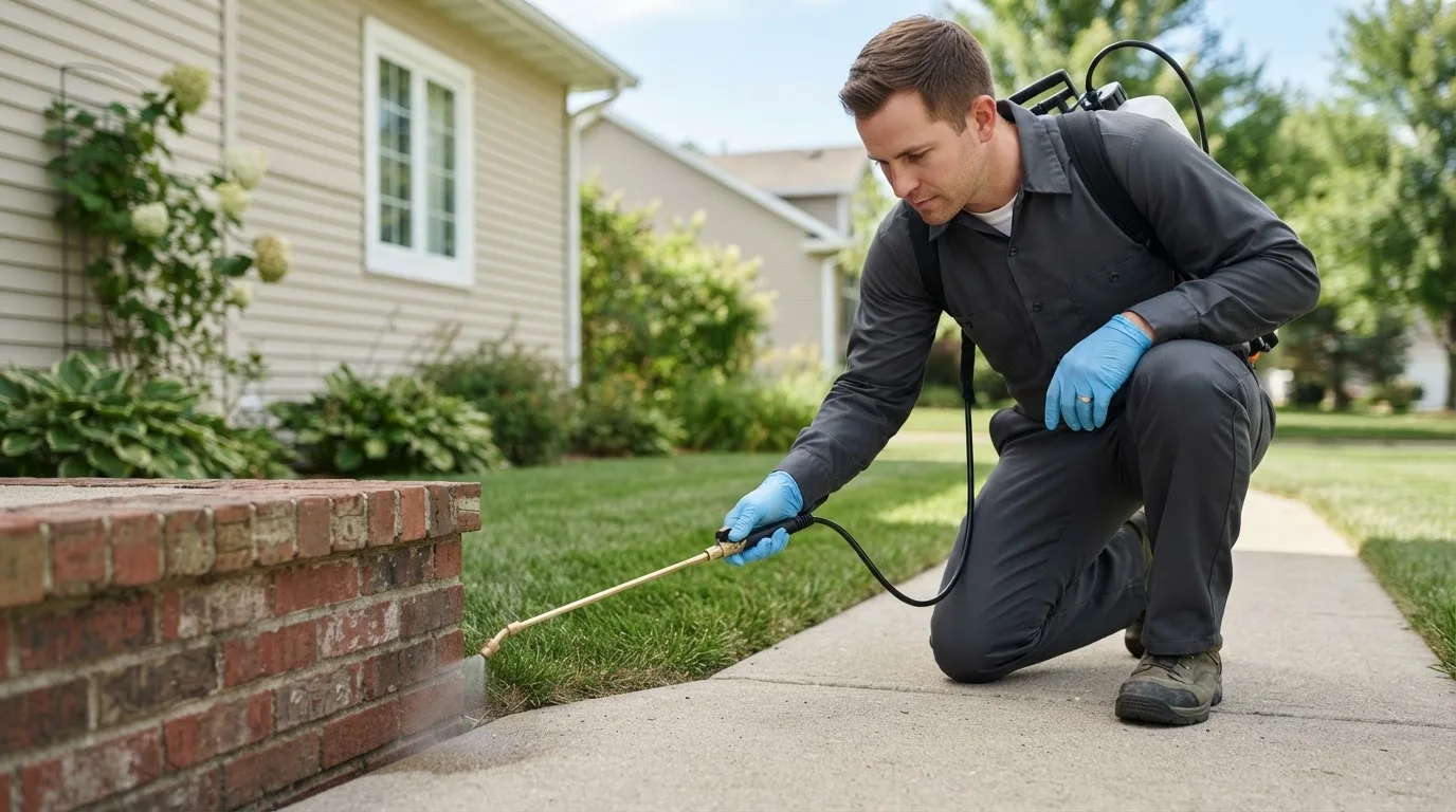 Pest control technician treating a home near Stockport, OH