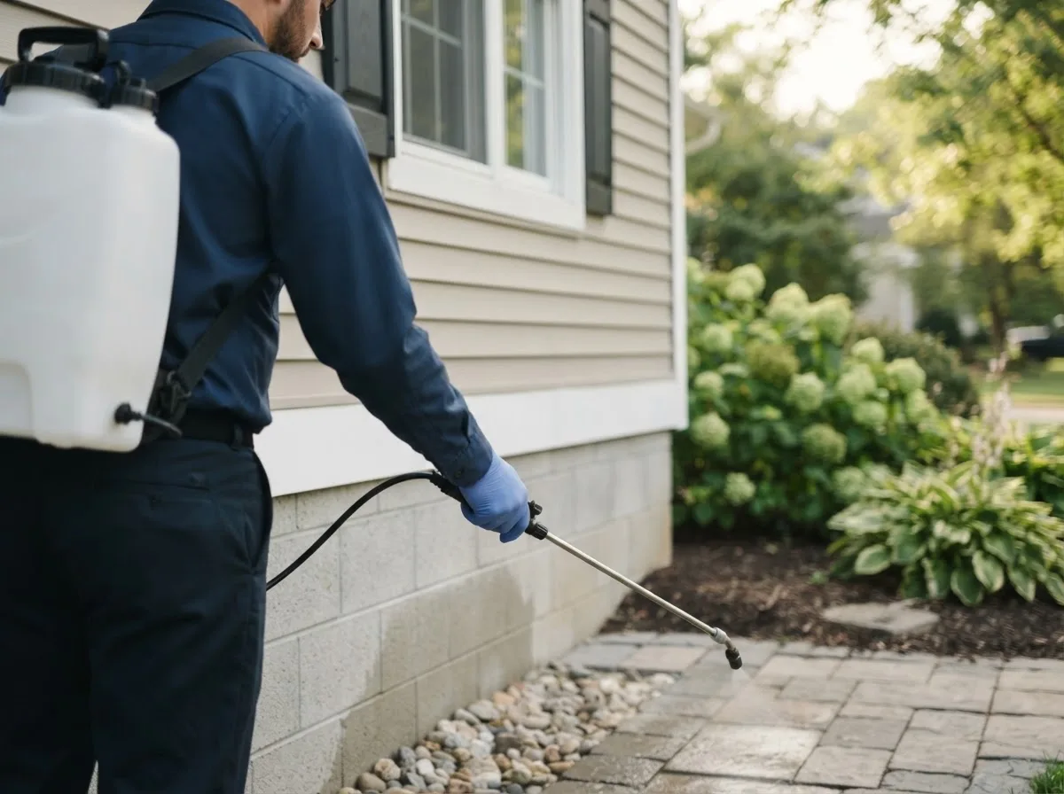 Pest control technician inspecting a home in Stockport, OH